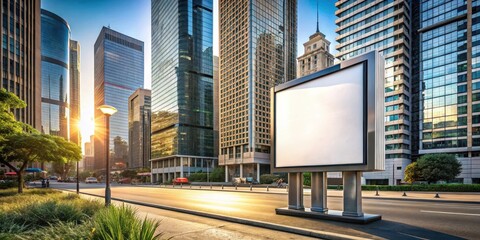 Fototapeta premium Urban street with empty billboard space amidst skyscrapers and modern architecture, blank, urban landscape