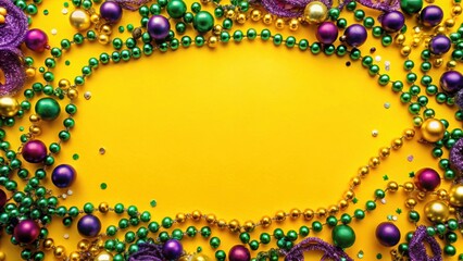 Fototapeta premium Colorful A Frame Beads on Yellow Background, mardi gras colors, confetti