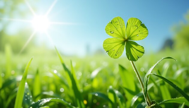 Close-up of a trefoil leaf in large drops of dew against the Green background for St. Patrick's Day. Lucky Irish three-leaved shamrocks, a holiday symbol in the bright green spring forest. St. Patrick