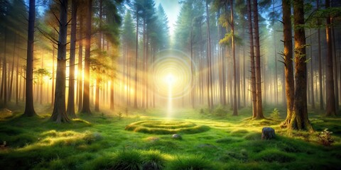 Fototapeta premium Soothing energy field surrounds a serene forest landscape at dawn, gentle, serenity