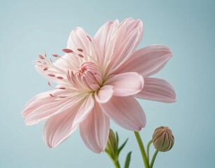 Fototapeta premium A close-up photo of a pink dahlia with a light blue background