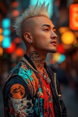 Obraz premium Portrait of a young Asian man with a mohawk hairstyle and tattoos wearing a patterned jacket in a city at night Ideal for fashion style or urban lifestyle content