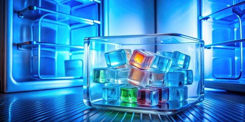 Colorful Pile of Ice Cubes in a Clear Glass Container, Blue color, Refrigerator,  Blue color,...