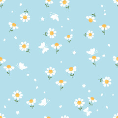 Seamless pattern with daisy chamomile flower, flying petals and butterflies on blue background vector.