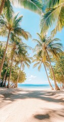 Fototapeta premium Tropical beach path, palm trees, ocean view, sunny day, vacation