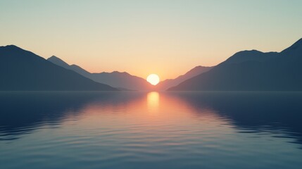 Serene sunset over mountains reflected in calm water.