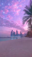 Purple Cityscape Beach Sunset Illustration