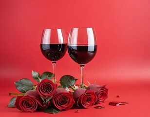 A bouquet of red roses and an empty wine glass on a red background