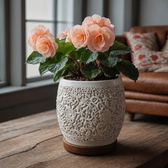 Small Begonia in a white ceramic pot with intricate carvings, beautifully complementing a rustic wooden side table with boho accents.