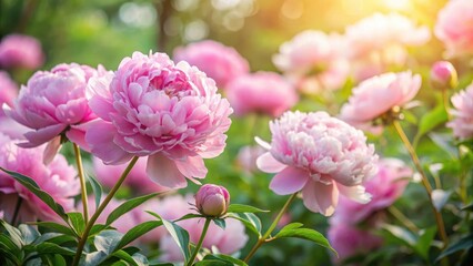 Obraz premium Pastel pink peonies blooming in a lush garden