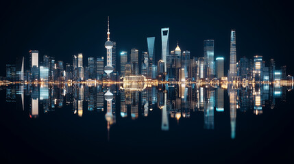 Shanghai Skyline Reflections: A breathtaking night view of Shanghai's iconic skyline as it reflects in the tranquil waters, casting a captivating spell of urban beauty and modern marvels. 