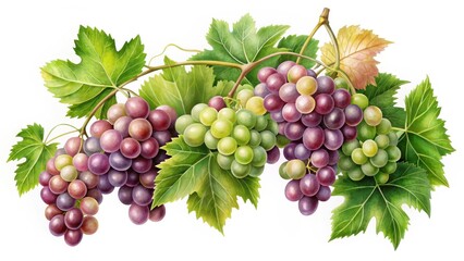 Obraz premium Illustrations of grapes clusters with green leaves and stems on a white background, nature, garden, nature, garden