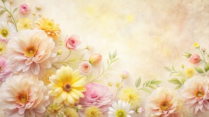 Obraz premium Pastel pink and yellow flowers arranged in a delicate floral pattern against a soft white background with subtle texture