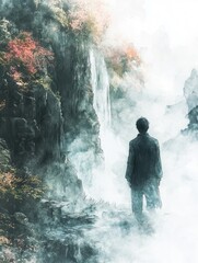Fototapeta premium A man stands facing a misty waterfall in a mountainous landscape Ideal for meditation travel or nature-themed projects