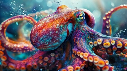 Vibrant octopus underwater, close-up.