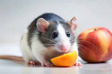 Adorable Black and White Rat Enjoying a Juicy Peach - Close-up Stock Photo