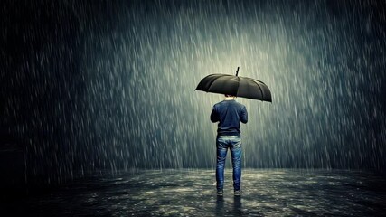 Man holding umbrella under rain with thunder on dark background, symbolizing cloud security in financial services, data protection during adverse conditions - Powered by Adobe