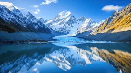 Majestic snow-capped mountains reflected in a pristine glacial lake at sunrise.