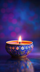 A photograph of Diwali featuring a beautiful candle with a soft flame, creating a warm, festive atmosphere during the celebration.