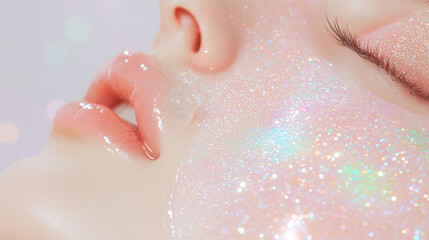 Fototapeta premium close up of face adorned with shimmering glitter and glossy finish, showcasing radiant skin and soft lips. sparkling effect creates dreamy and ethereal atmosphere
