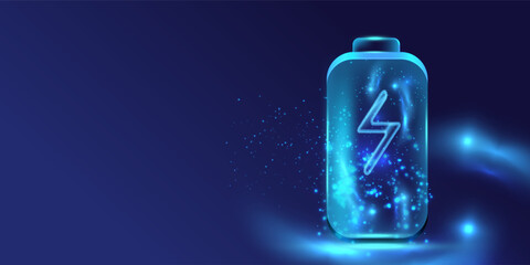 Battery charge icon. Electric discharge lightning in neon design. Power light futuristic energy storage. Accumulator high voltage, long battery charge. Technology vector illustration.