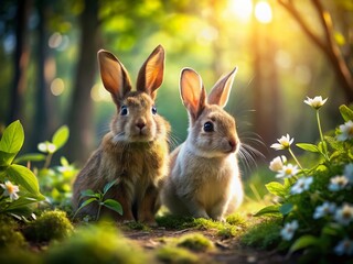Adorable Curious Bunnies Exploring Lush Forest - High-Resolution Stock Photo