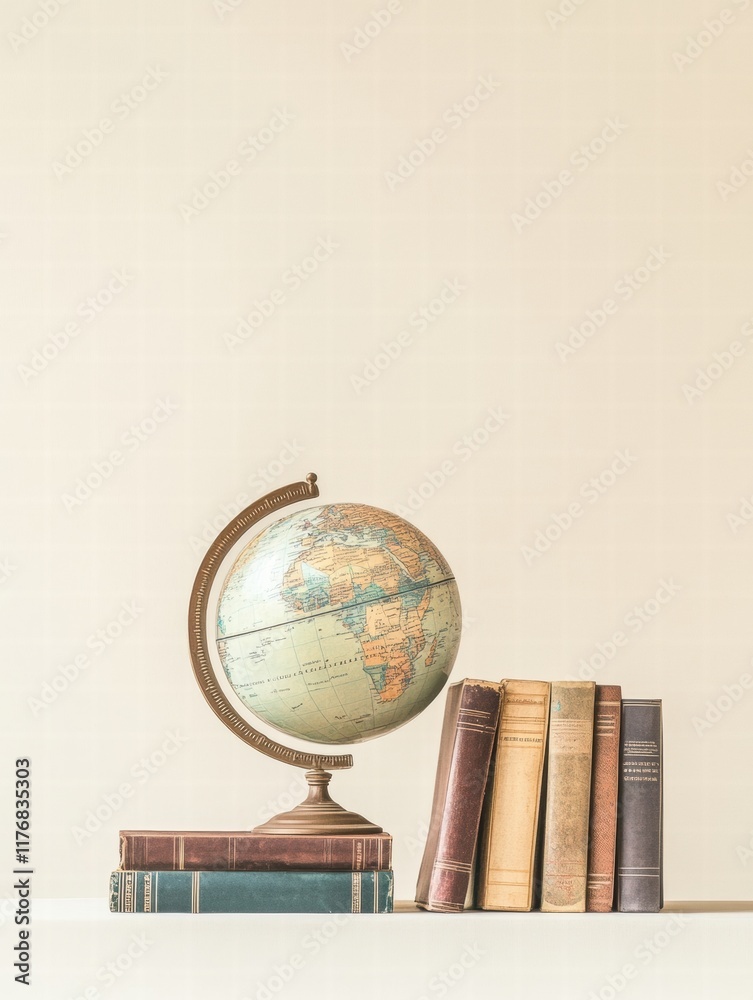 Poster classic globe with stacked travel guidebooks creates a warm and inviting travel inspiration display 