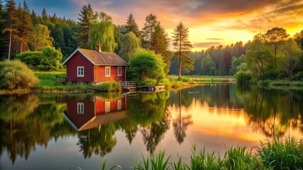 Fototapeta premium Rustic red cottage surrounded by lush greenery and serene lake waters at sunset, serene lake scene, cottage by lake
