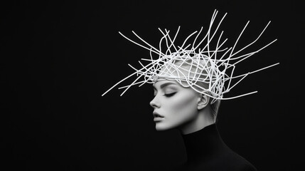striking mannequin with abstract white headpiece, showcasing modern art and fashion. contrast against dark background enhances unique design and elegance