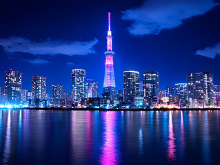 Obraz premium Night Cityscape Illustration: Illuminated Tower and Skyline