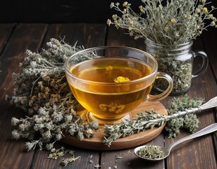 A glass cup of herbal tea, a spoon with dried flowers, and fresh flowers on a wooden table against a dark background.