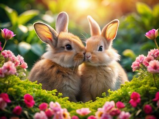 Adorable Fluffy Rabbits Sharing a Loving Gaze in Heart-Shaped Flower Bed