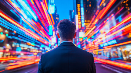 Fototapeta premium man in suit stands in vibrant cityscape, surrounded by colorful lights and motion blur, evoking sense of energy and excitement