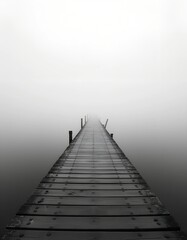 Obraz premium A long wooden pier stretches into a dense fog, disappearing into the hazy distance. The scene is monochromatic, creating a mysterious and serene atmosphere.