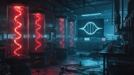 Futuristic DNA Research Laboratory with Glowing Genetic Helix in Glass Cylinders - Advanced Biotech and Science Visualization