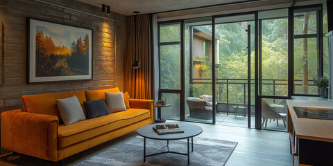 Fototapeta premium Cozy modern living room with stunning views serene natural surroundings interior design inspiration contemporary aesthetics warm and inviting atmosphere