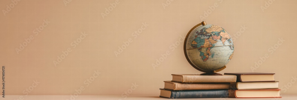 Aufkleber explore the world with a classic globe and travel guidebooks stacked for the curious adventurer. gen