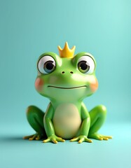 Fototapeta premium Adorable cartoon frog prince wearing a golden crown, sitting on a teal background. Perfect for children's books, websites, or apps needing a cute, friendly character.