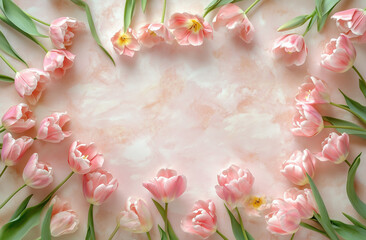 Beautiful composition spring flowers. Bouquet of pink tulips flowers on pastel pink background. Valentine's Day, Easter, Birthday, Happy Women's Day, Mother's Day.
Flat lay, top view, copy