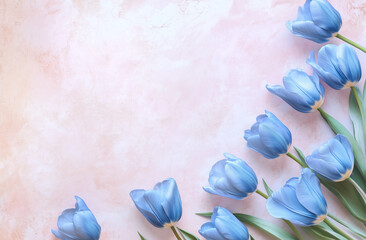 Beautiful composition spring flowers. Bouquet of pink tulips flowers on pastel pink background. Valentine's Day, Easter, Birthday, Happy Women's Day, Mother's Day.
Flat lay, top view, copy
