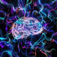 An abstract digital rendering of a human brain formed by intertwining luminous wires, glowing softly in shades of blue, purple, and white