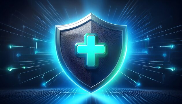 A glowing blue shield with a cross symbol, representing protection and security in a digital or healthcare context.