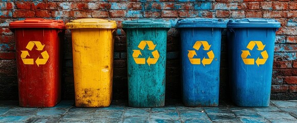 Fototapeta premium Colorful Recycling Bins Against Brick Wall
