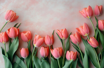 Beautiful composition spring flowers. Bouquet of pink tulips flowers on pastel pink background. Valentine's Day, Easter, Birthday, Happy Women's Day, Mother's Day.
Flat lay, top view, copy