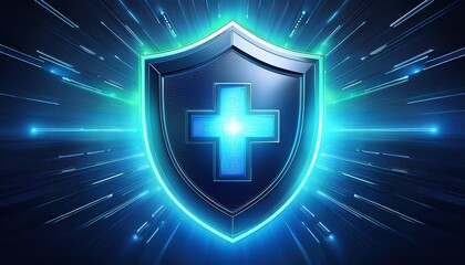 Obraz premium A glowing blue shield with a medical cross, symbolizing protection and health in a digital context.