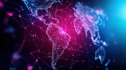 A vibrant digital representation of a world map, showcasing interconnected networks with bright nodes and lines against a dark background.