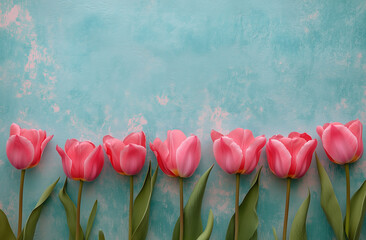 Beautiful composition spring flowers. Bouquet of pink tulips flowers on pastel pink background. Valentine's Day, Easter, Birthday, Happy Women's Day, Mother's Day.
Flat lay, top view, copy