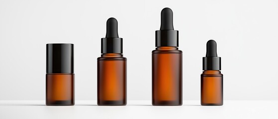 Four amber glass dropper bottles of varying sizes are arranged neatly on a white background, showcasing a minimalist aesthetic perfect for skincare or essential oils.