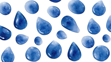 A collection of blue watercolor droplets on a transparent background.