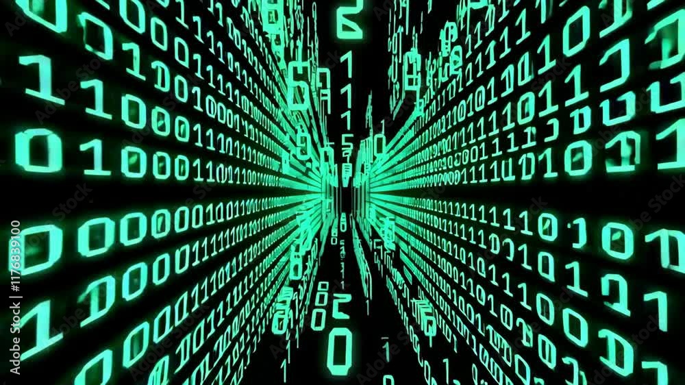 Poster Dynamic Digital Matrix Tunnel with Glowing Green Binary Code. Abstract Technology Background Animation. Futuristic Cyber Security Concept for Digital Banner 